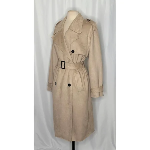 ZARA Faux Suede Trench Coat Belted Jacket Solid Tan Brown Pockets Outdoors Large - Image 5