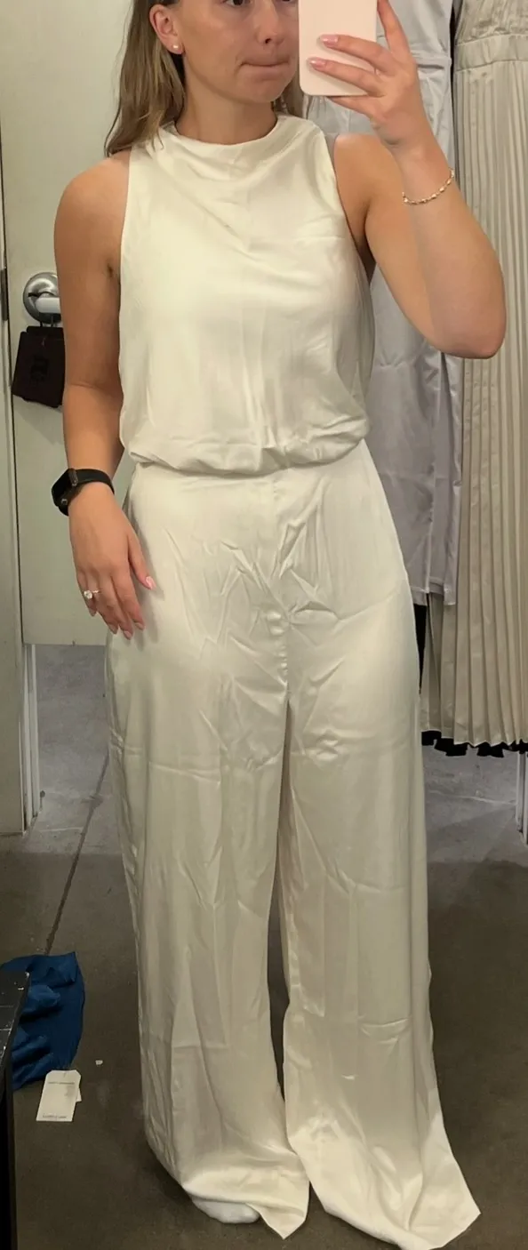Abercrombie & Fitch Ivory Satin Wide Leg Blouson Jumpsuit - Image 4