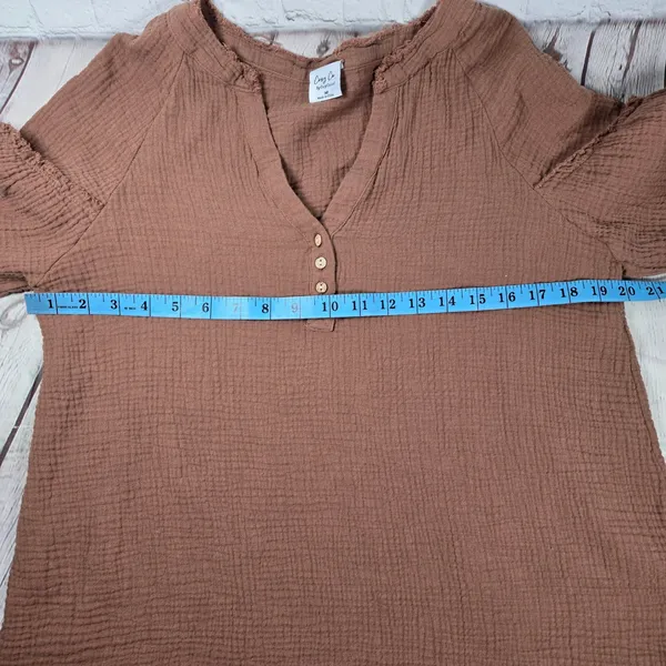 Cozy Co By Cozy Casual‎ Brown Gauze Cotton Henley Blouse L3324C M - Image 7