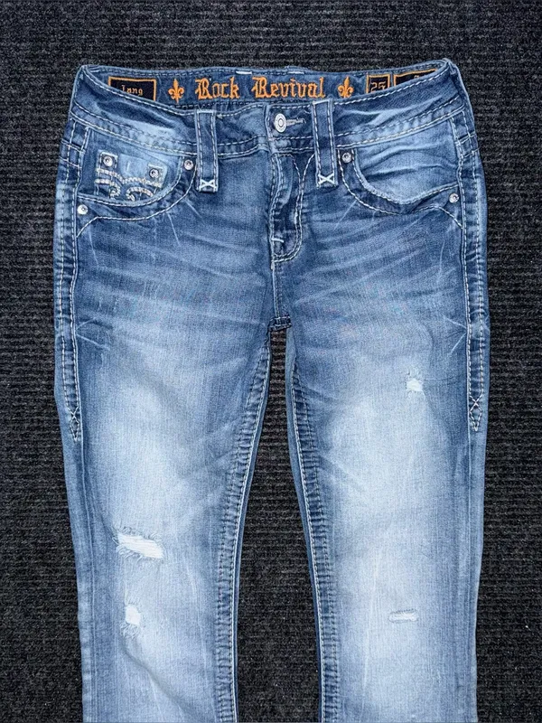 Y2K Rock Revival Lang Low Rise Bootcut Jean Light Wash Embroidered Distressed 25 - Image 5