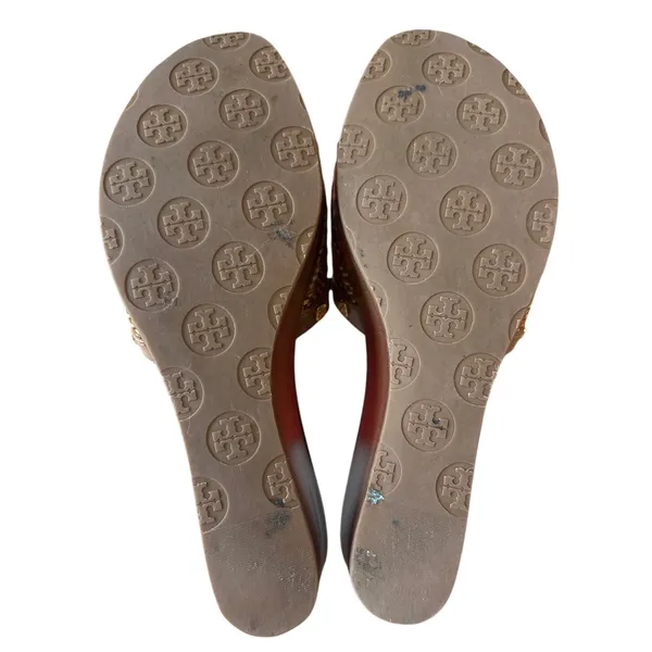 Tory Burch Joanie Straw Wedge Slides Tan‎ Studded 9.5 Boho - Image 6