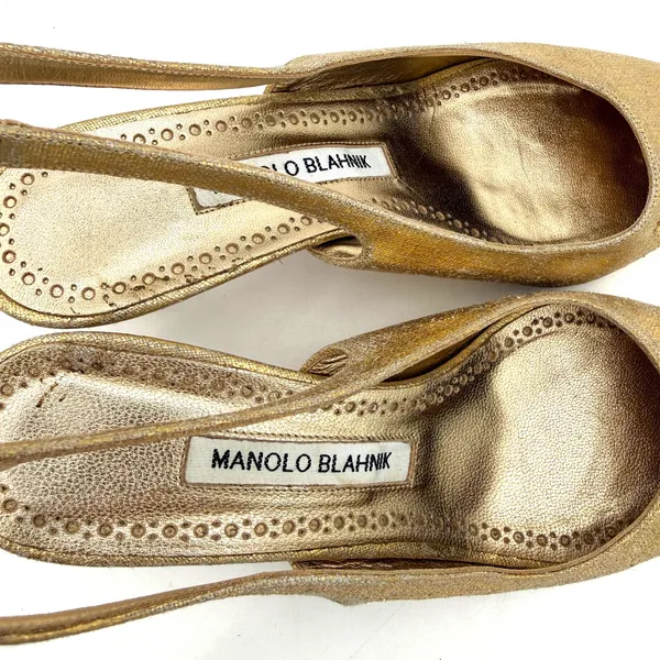 Manolo Blahnik Gold Carolyne Kitten Heel Slingback Pumps Heels Size 36.5 / 6.5 - Image 7