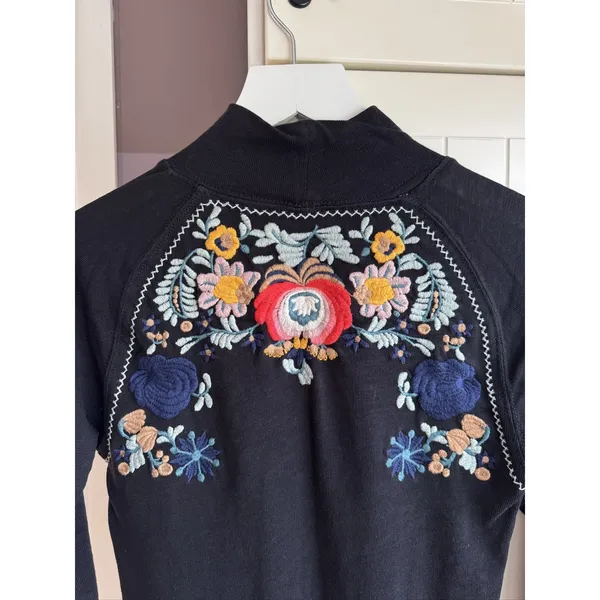 Free People Disco Rose Black Embroidered Folk Floral Mock Neck Top XS - Image 4
