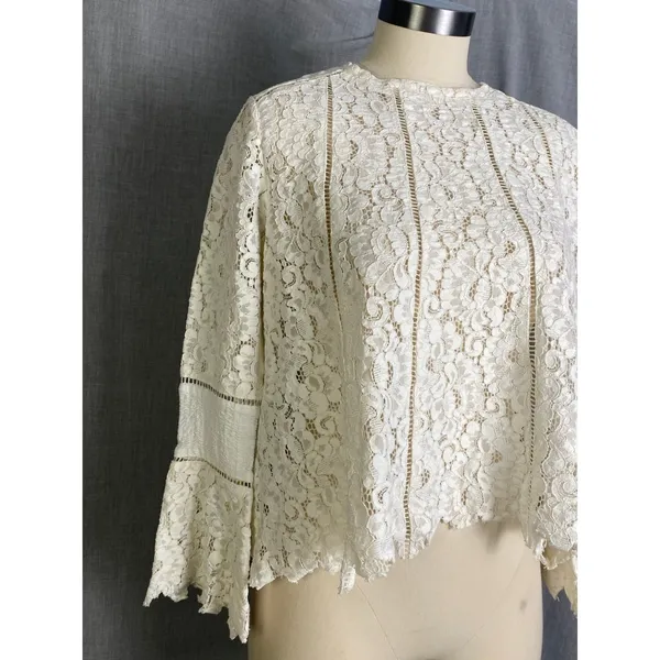 Lumie Cream Lace Bell Sleeve Cropped Blouse Top Boho Cottagecore‎ Feminine S - Image 6