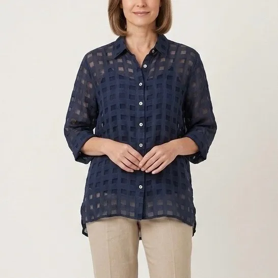 Puro Lino Navy Blue 100% Linen Sheer Check Button Down Shirt Made in Italy Sz M - Image 2
