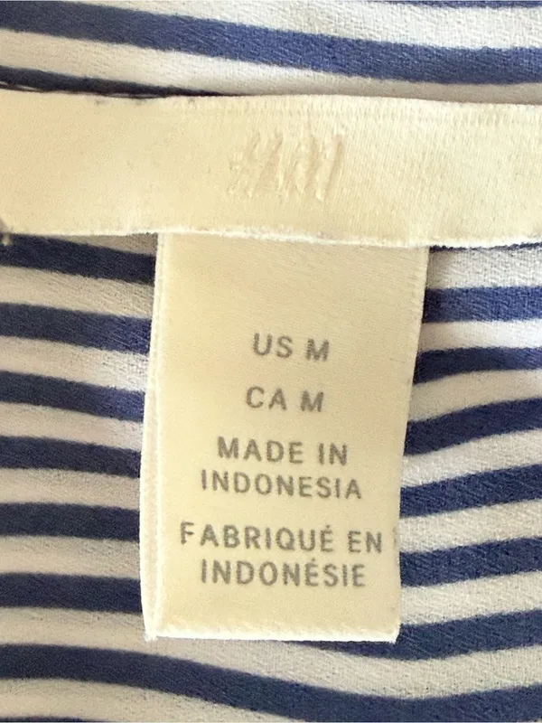 H&M Blue and White Vertical Stripe Button-Up Blouse. Size M - Image 4