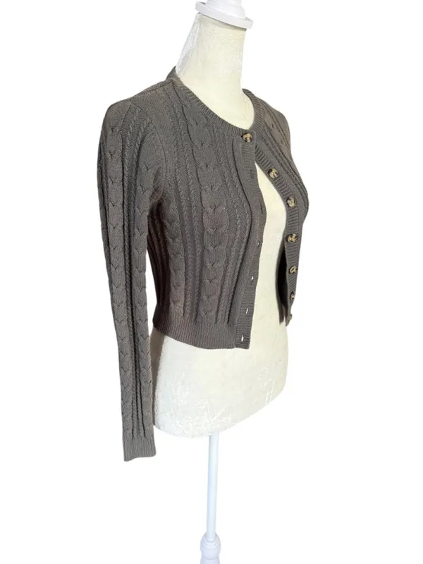 Wild Fable olive green long sleeve button down cropped cable knit sweater XS - Image 2