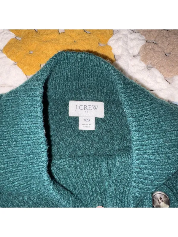 J.Crew Merino Wool Blend Women's XS Green Buttoned Mock Neck Sweater Cozy Casual - Image 3