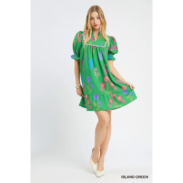 Umgee Multi Flower Print V-Neck‎ Dress - Island Green - Small - Image 5