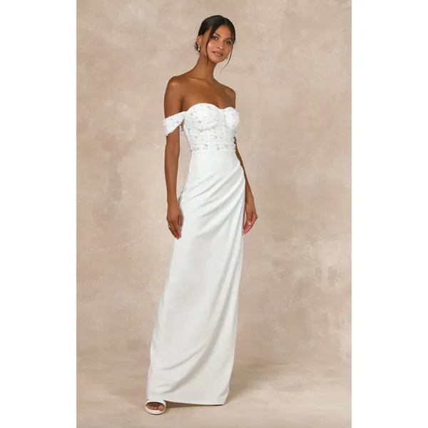 Lulus Immensely Charming White Mesh Pearl Bustier Maxi Dress Wedding Small NWT - Image 3