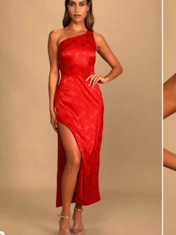 LULUS Sexy Chic Floral Prom Wedding Bridesmaid One Shoulder Satin Maxi - Image 4