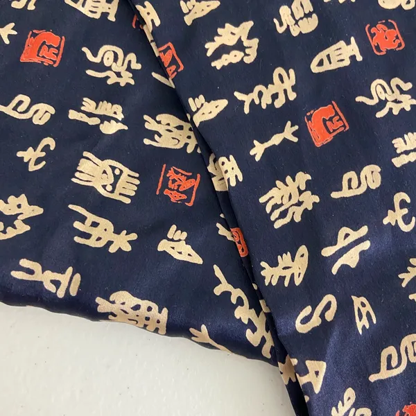 EUC Navy blue gold lettering pattern 100%‎ silk scarf neck tie wrap - Image 2