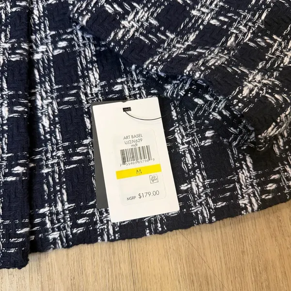 DKNY Art Basel Navy White Plaid Tweed Funnel Neck Jacket womens M - Image 7