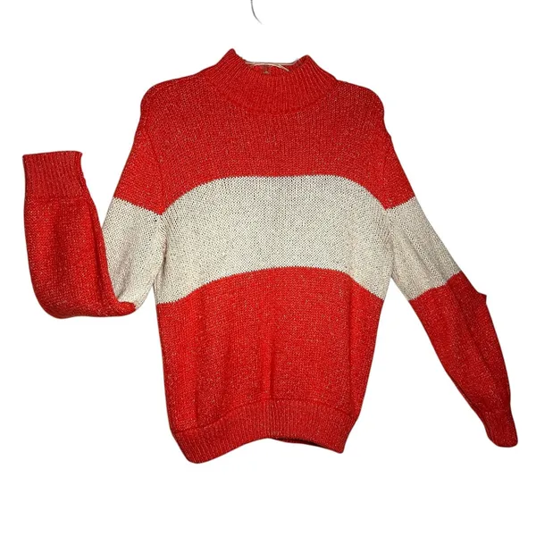 Aerie Sweater Wome's Small Coral White Striped Mock Neck Chunky Knit Pullover - Image 10