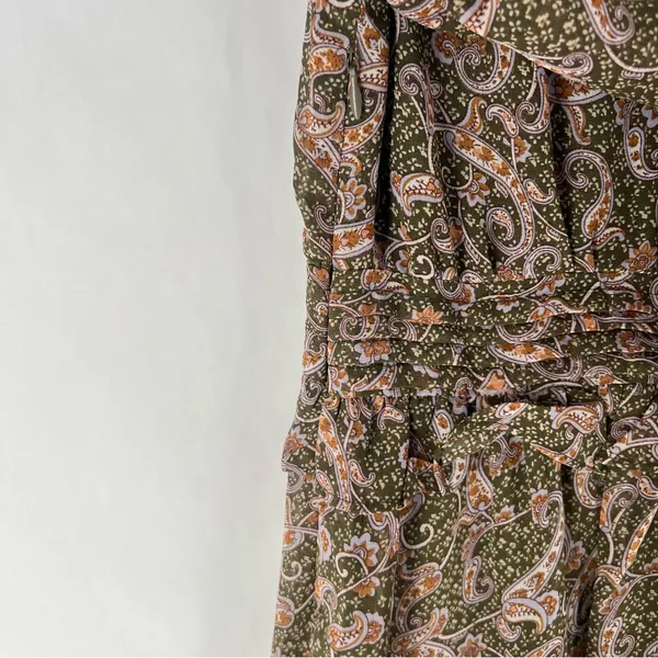 Love Riche Chiffon Olive Paisley Ruffle Long Sleeve Peasant Tiered Maxi‎ Dress M - Image 13