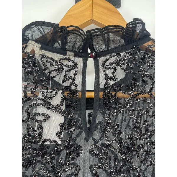 NWT Soft Surroundings Sequin Black Sheer High‎ Neck Beaded Blouse Size XL Formal - Image 3