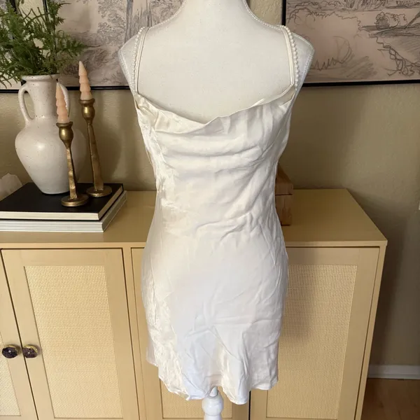 LOVERS + FRIENDS Satin Boa Mini‎ Dress In Ivory Size XXS - Image 4