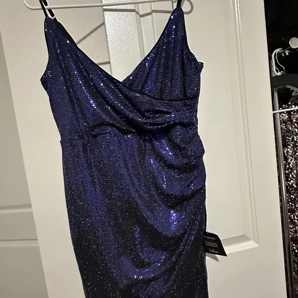 Lulus Women’s Shiny Purplish Blue Party Dress Sz XL Gathered Side - Image 11