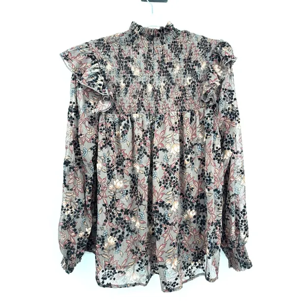 Knox Rose Floral Ruffle Smocked Yoke Top Taupe Black Floral Velvet Romantic Sz L - Image 2