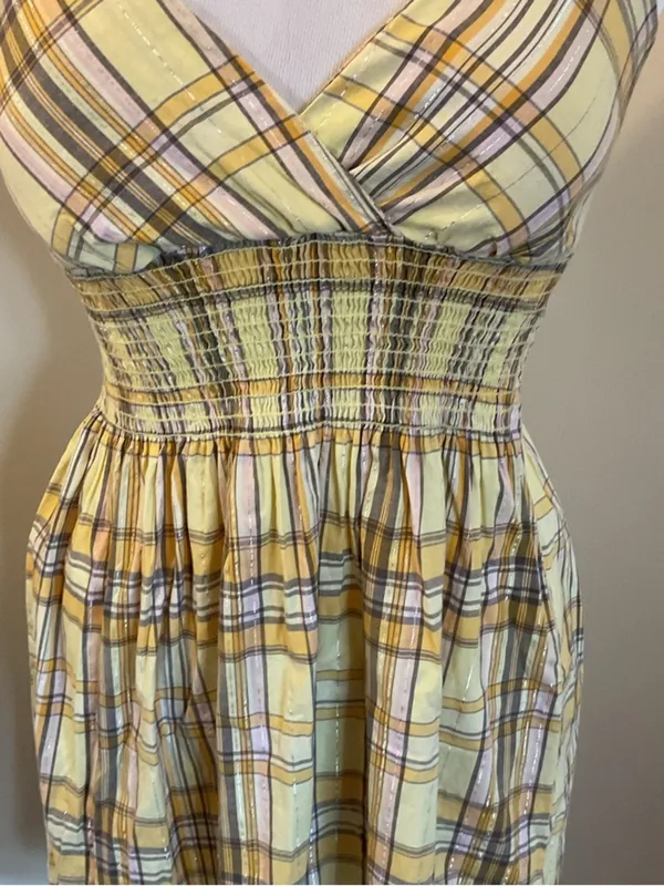 Fabiola Yellow Plaid Sundress Small Smocked Waist V-Neck Cotton Blend Summer - Image 3
