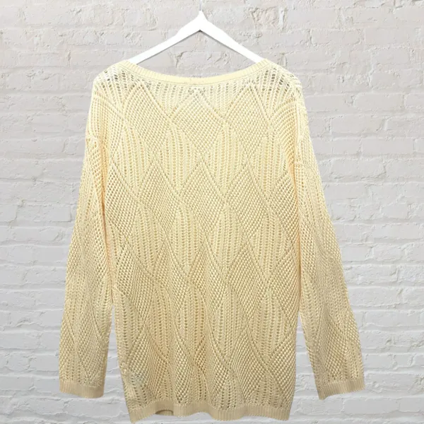 Cream Open Weave Crochet Oversized Slouchy Knit Sweater S - Image 3