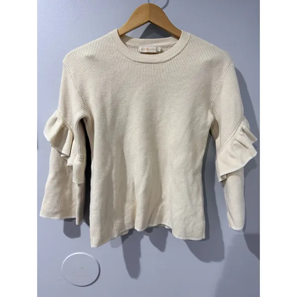 Tory Burch Ashley Ruffled Bell Sleeves Pullover Knit‎ Sweater Wool Ivory Small D - Image 2