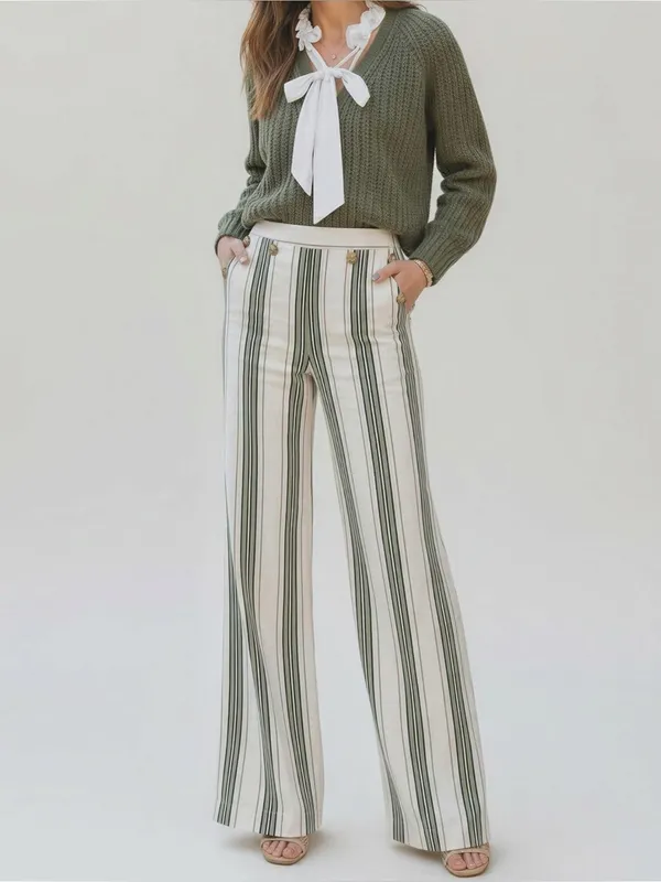 SÉZANE Clayton Linen Cotton Pants, Beige Blue Green Stripes, FR44/US12 - Image 2