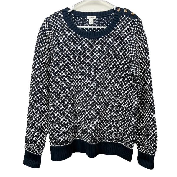 LL Bean Navy Blue White Crew Neck Pullover Cotton Button‎ Detail Sweater MEDIUM - Image 2