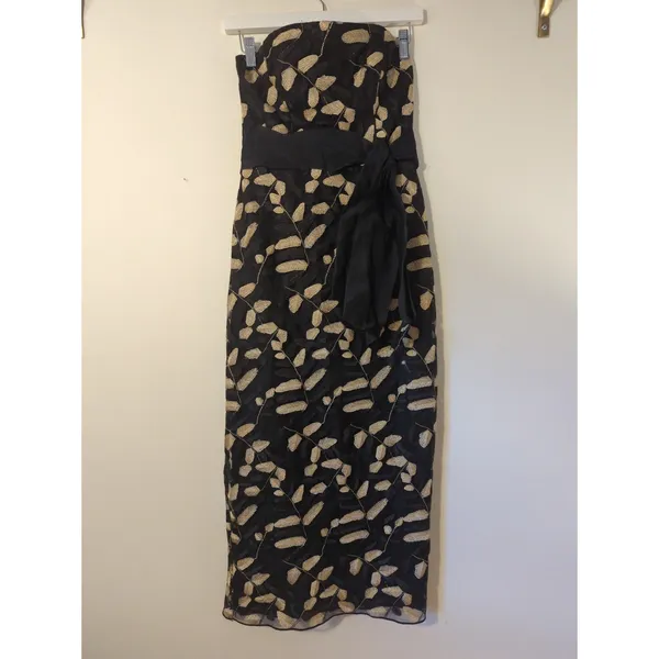 RTR Sz 4 Shoshanna Valerie Black Gold Leaf Strapless Bow Waist Midi Dress - Image 4