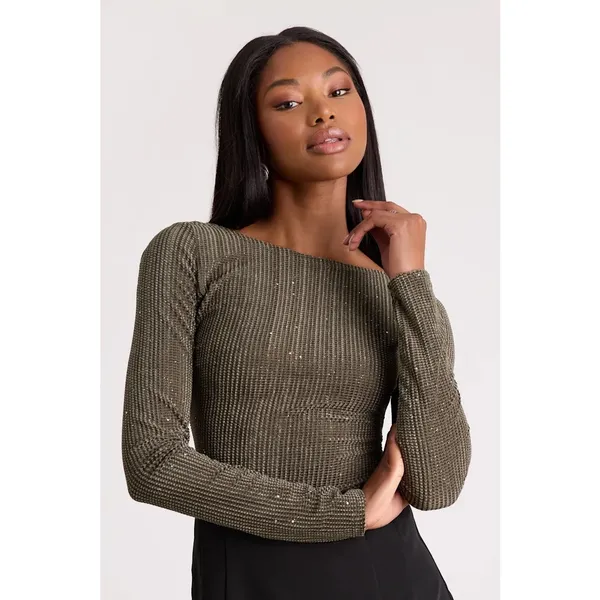 Lulus Olive Green Sparkle Low Back Long Sleeve Top Size XS NEW With Tags - Image 11