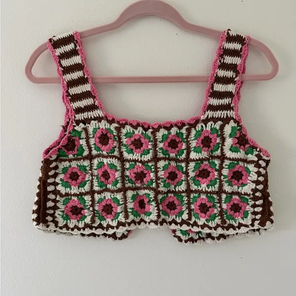 Anthropologie Maeve Boho Retro Reversible Granny Square Festival Floral crotchet crop top OS - Image 5