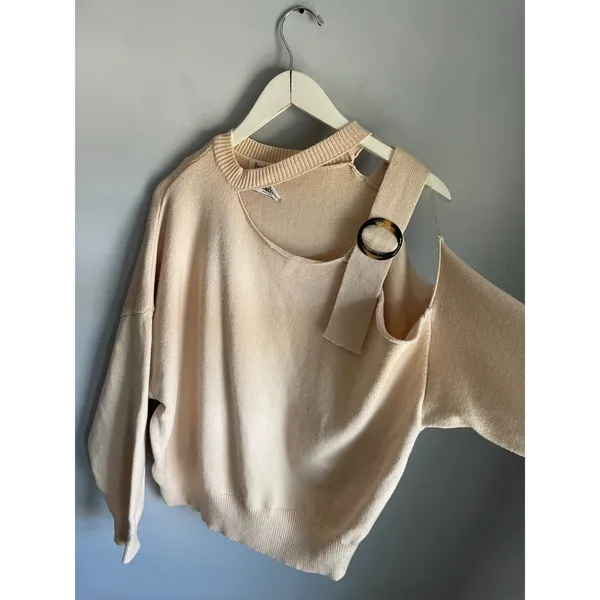 Peach Love California Cream‎ One Shoulder Cutout O Ring Knit Sweater Large Y2K - Image 6