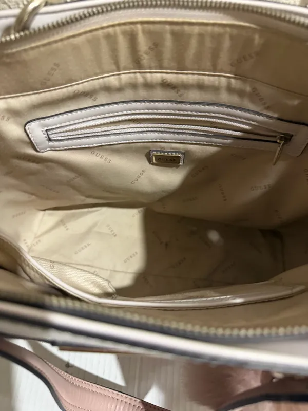 Guess Blush & Cream Colorblock Tote Bag Gold Logo Charm Pom Pom Large - Image 9