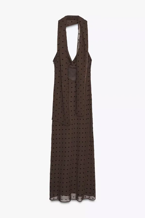 Zara Elegant Brown Polka Dot Halter scarf Dress evening party holiday - Image 14