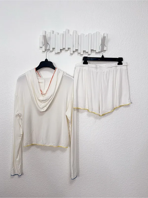 Wild Honey Ivory Rainbow Contrast Stitch Zip Hoodie Shorts Two Piece Lounge Set - Image 9