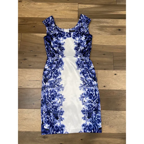 White House Black Market White Blue Floral Satin Sheath Dress Fully Lined Size 8 - Image 6
