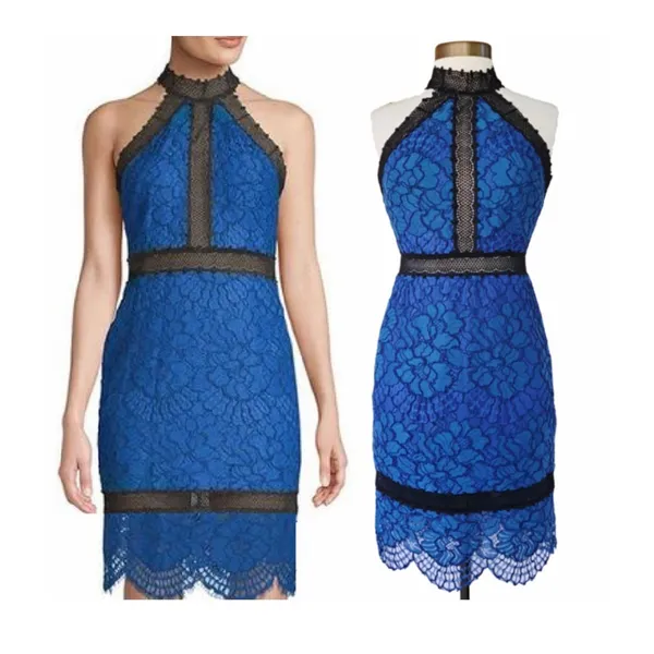 Alexis Julianna Royal Blue Black Lace Halter Midi Dress Size M Cocktail Wedding - Image 2