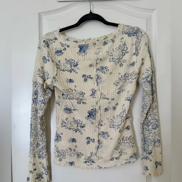 Free People We The Free Clover Print Thermal Top Size S Ivory Oversized Cotton - Image 7