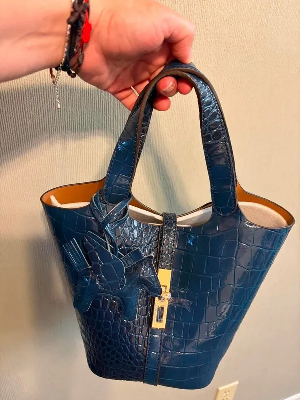 Luxury Navy Blue Croc-Embossed Bucket Bag with Gold Hardware & Charm - Image 8