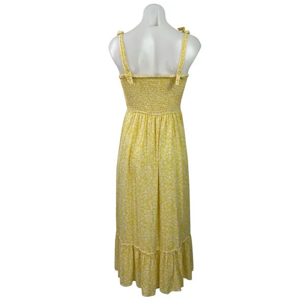 Japna Yellow Floral Shirred Smocked Sleeveless Tie A Line Fit & Flare Dress S - Image 3