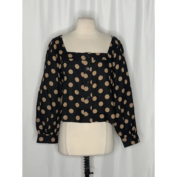 NWT!! J. CREW Linen Polka Dot Square Neck Blouse Black Tan Top Preppy Medium - Image 2