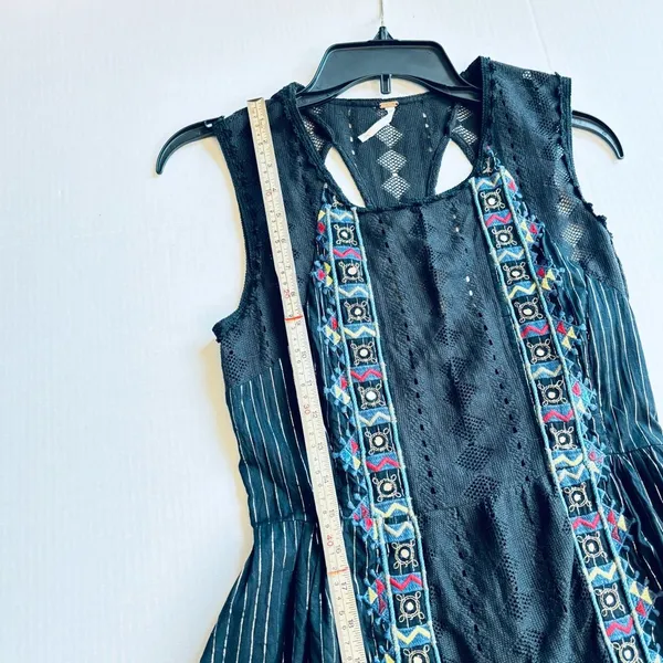 Free People Water Lilly RARE black metallic pinstripe crotchet lace mini dress - Image 13