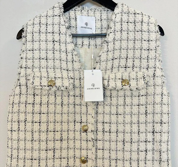 ANINE BING Janet Tweed Dress in White Plaid Size Medium NWT - Image 6