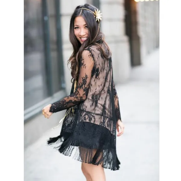 Gypsies Junkies Black Lace Long Sleeves Sheer Dress M - Image 14