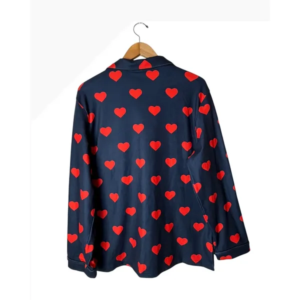 Spark Paws Pajama Top Unisex Medium Blue Red NWT Heart Print Button Down Shirt - Image 3