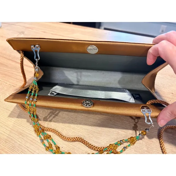 Bronze Satin Evening Clutch‎ Bag Green Rhinestone Brooch Beaded Handle Crossbody - Image 8
