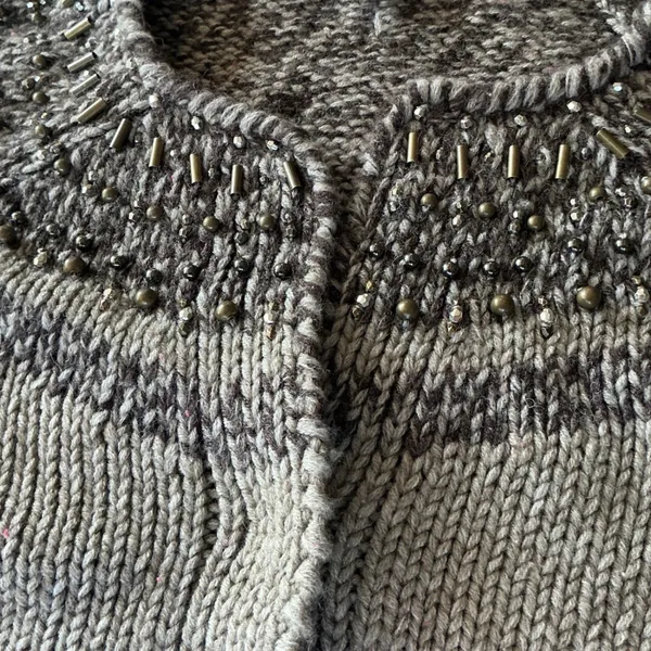 J. Jill Beaded Studded Neckline Cardigan Sweater Beige Wool Blend Large - Image 2