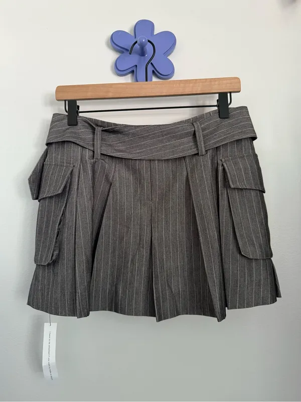 Reformation 6 NEW Brinley Mini Skirt Grey Stripe Academia Preppy Belted Grunge - Image 4