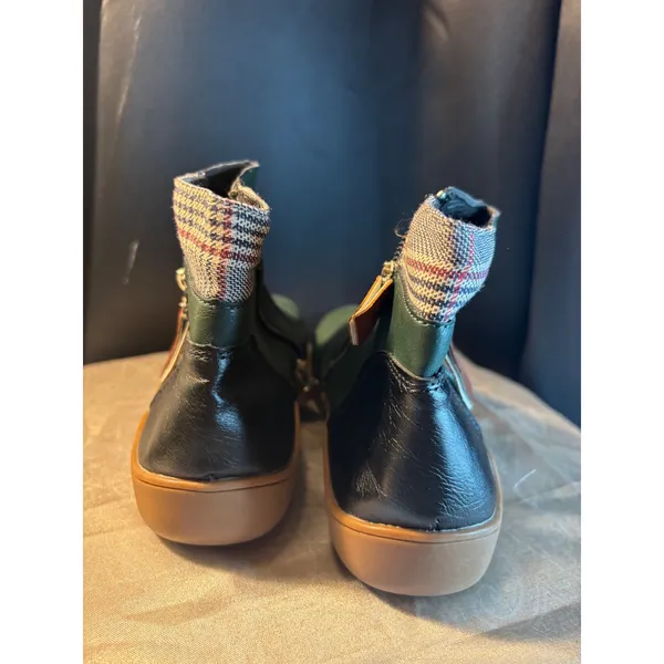 Green Faux Leather Plaid Trim Ankle Boots Dual Zip Flat Booties women's 5 - Image 2