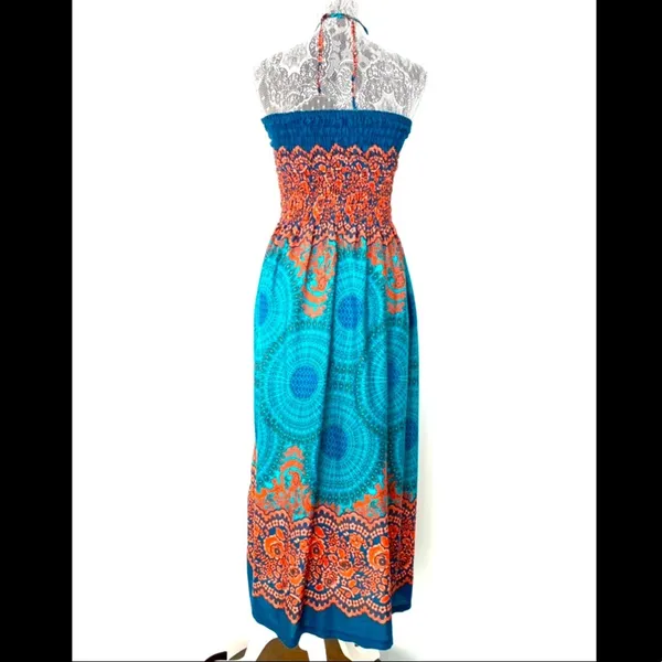 Womens Bali Smocked Lightweight Halter Midi Resort Vacation Casual Dress OS - Image 3